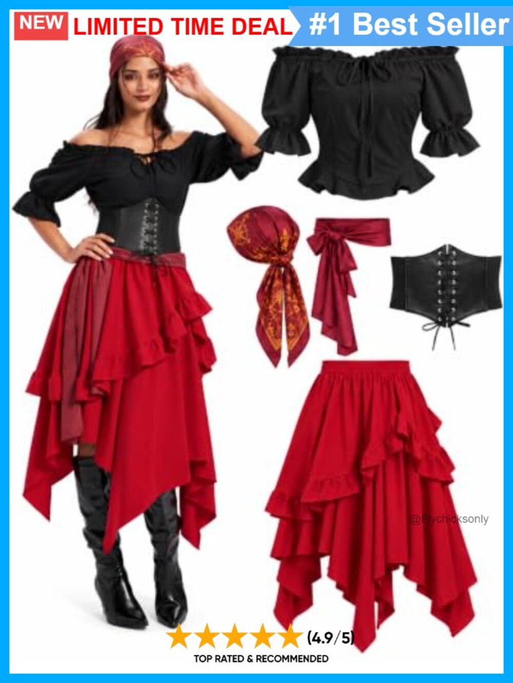 Womens 5-Piece Pirate Costume Ruffle Blouse Asymmetrical Skirt Renaissance